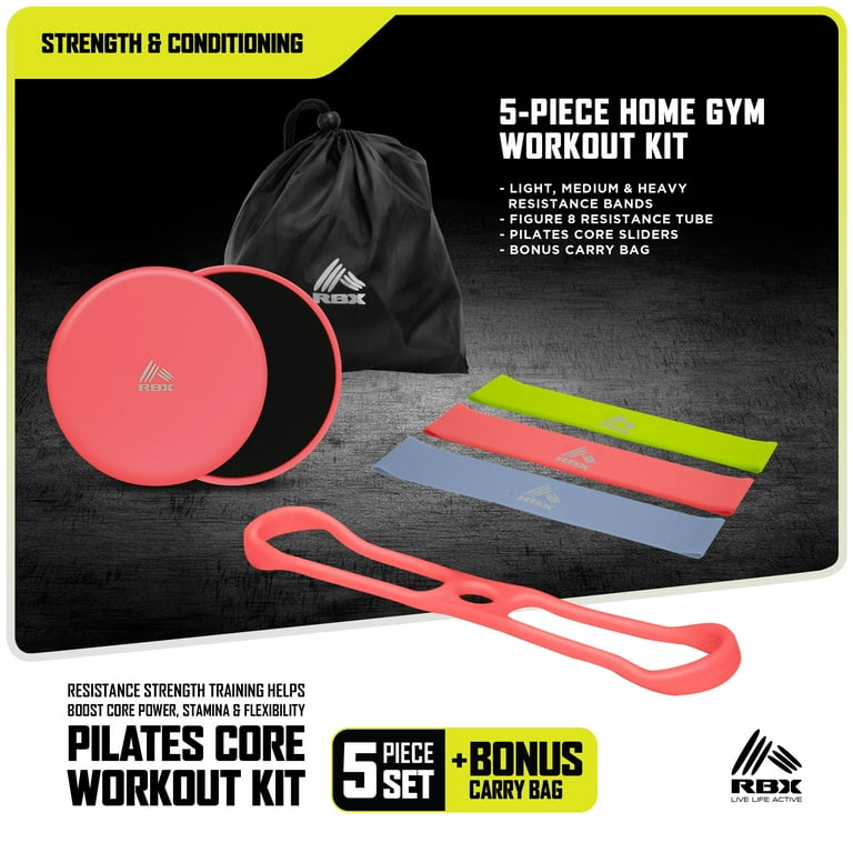 RBX 5 Piece Home Gym Workout Kit 3 Resistance Bands Figure 8 Tube Core Sliders Bag