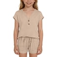 thumbnail image 5 of Babcutegg Girls Two-Piece Casual Outfit – Short Sleeve Top and Drawstring Waist Shorts Set for Summer Loungewear and Everyday Wear Khaki Size 5, 5 of 10