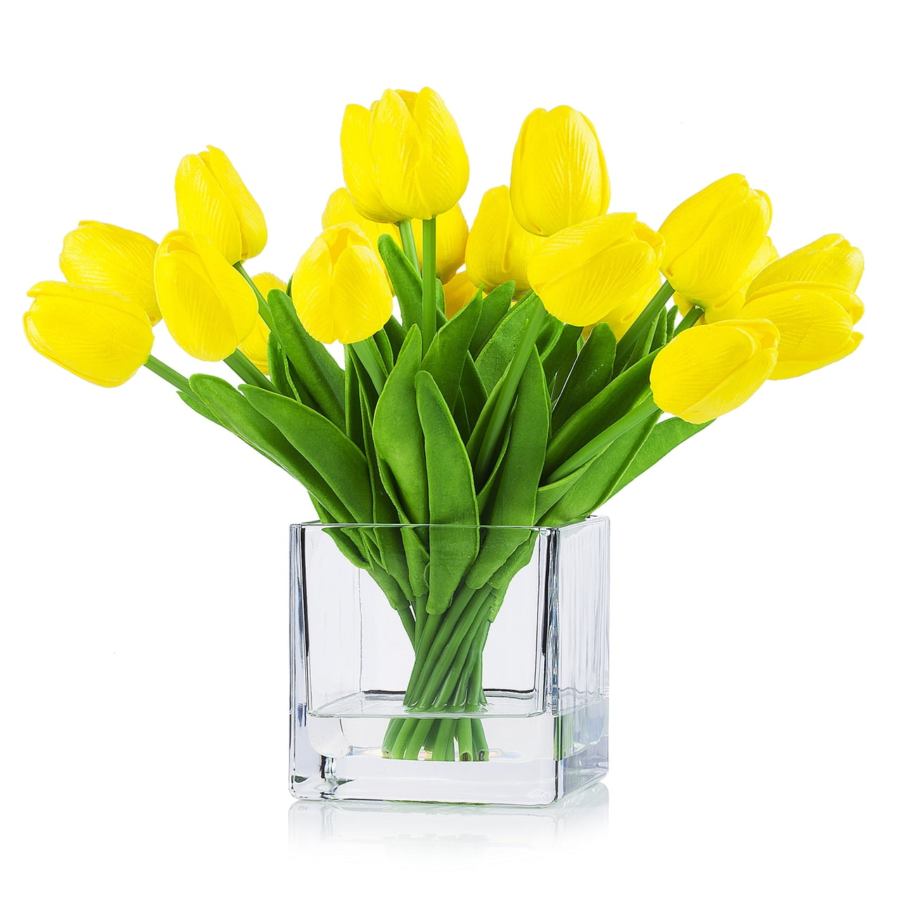 Enova Home 20 Pieces Artificial Real Touch Silk Tulips Flowers Arrangement in Cube Glass Vase