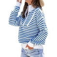thumbnail image 2 of Women Striped Half Zip Long Sleeve Ribbed Knit Pullover Comfy Casual Light-Weight Tops Fall Fashion Blue L, 2 of 10