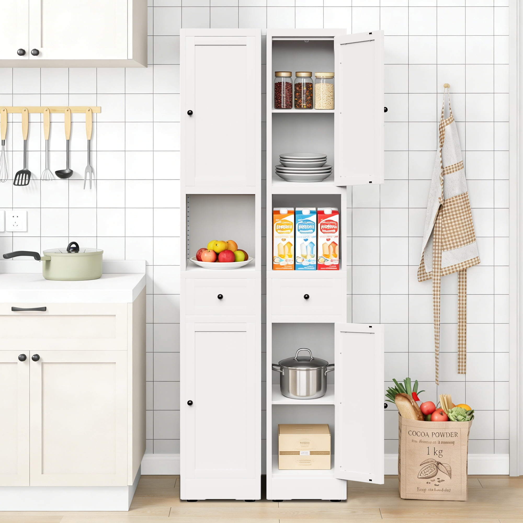 Leumius 71 Inch Tall Bathroom Storage Cabinet,Freestanding 5-Tier Narrow Metal Cabinet with 2 Doors & Adjustable Shelves for Kitchen Living Room Bathroom,White