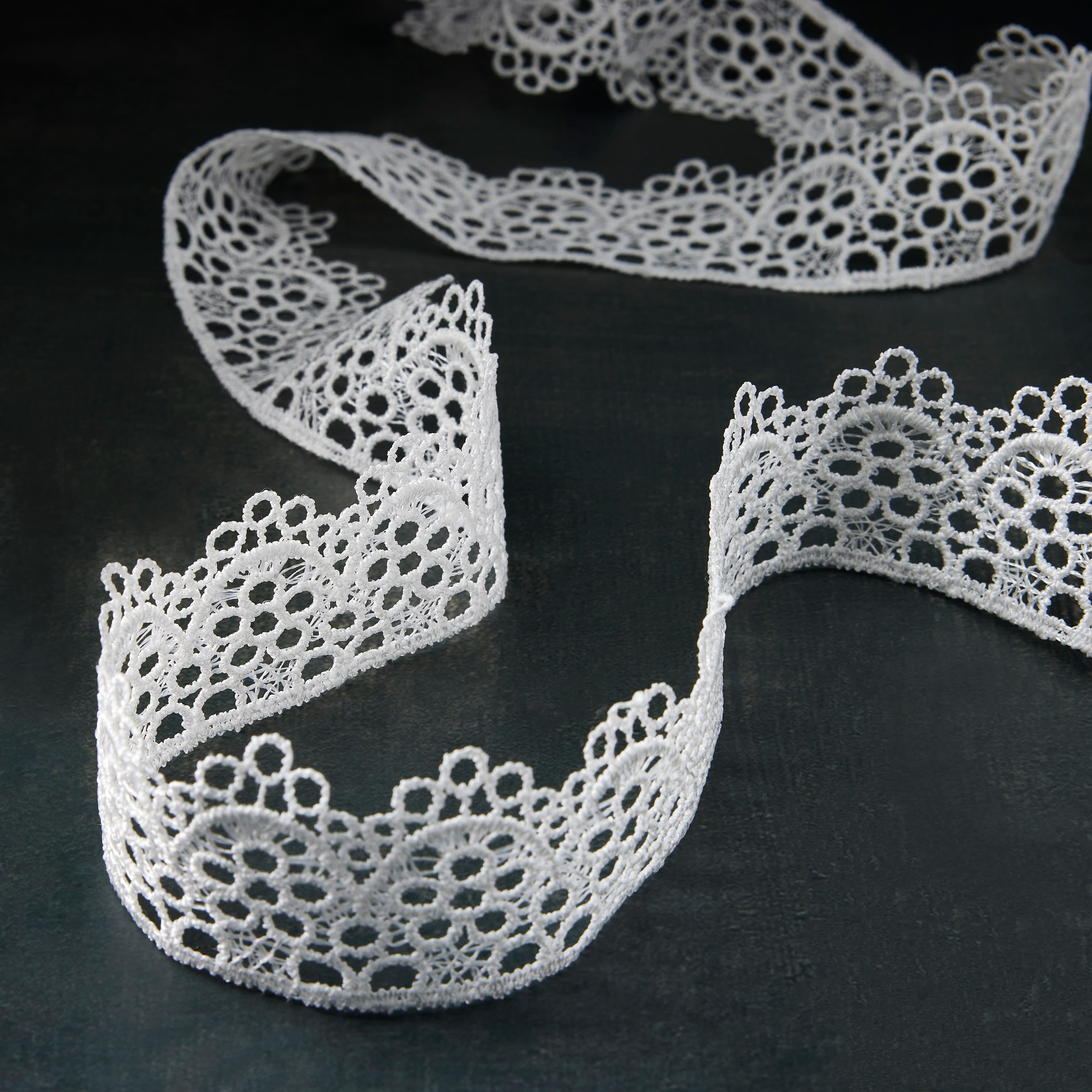 1.5" x 3yd White Lace Flower Ribbon by Celebrate It – Delicate Polyester Floral Pattern - Ideal for Crafts & Gift Decor - 12 Pack
