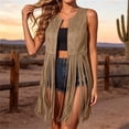 thumbnail image 3 of Atkumj Western Vest Vintage Suede Fringe Hem Long Cardigans Casual Solid Color Sleeveless Cardigans Women for Southwestern Style 2XL, 3 of 10