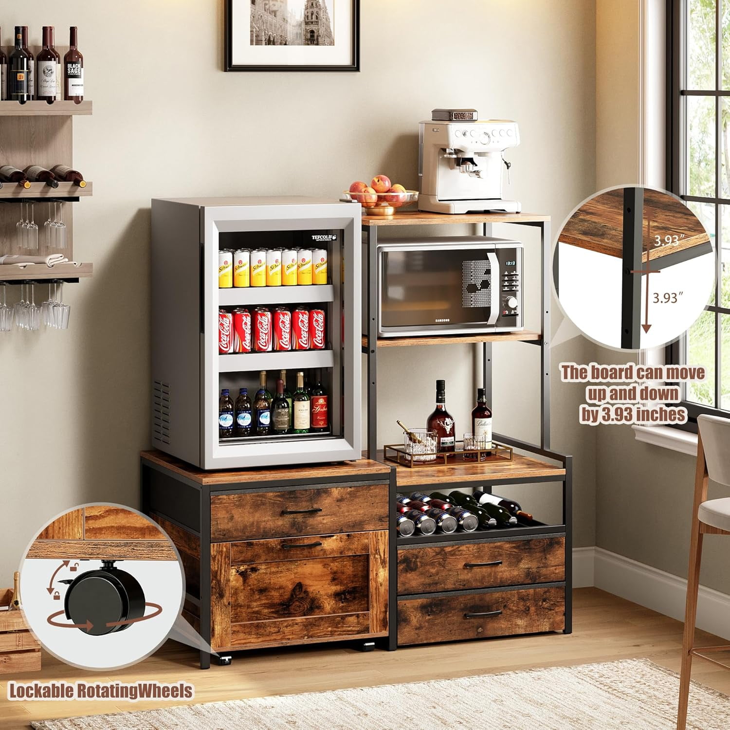 Herture Mini Fridge Stand with Wine Rack, Kitchen Bakers Rack with Power Outlet, Microwave Oven Stand, Coffee Bar, Movable Drawers, for Dorm,Office, Brown HB04BXN