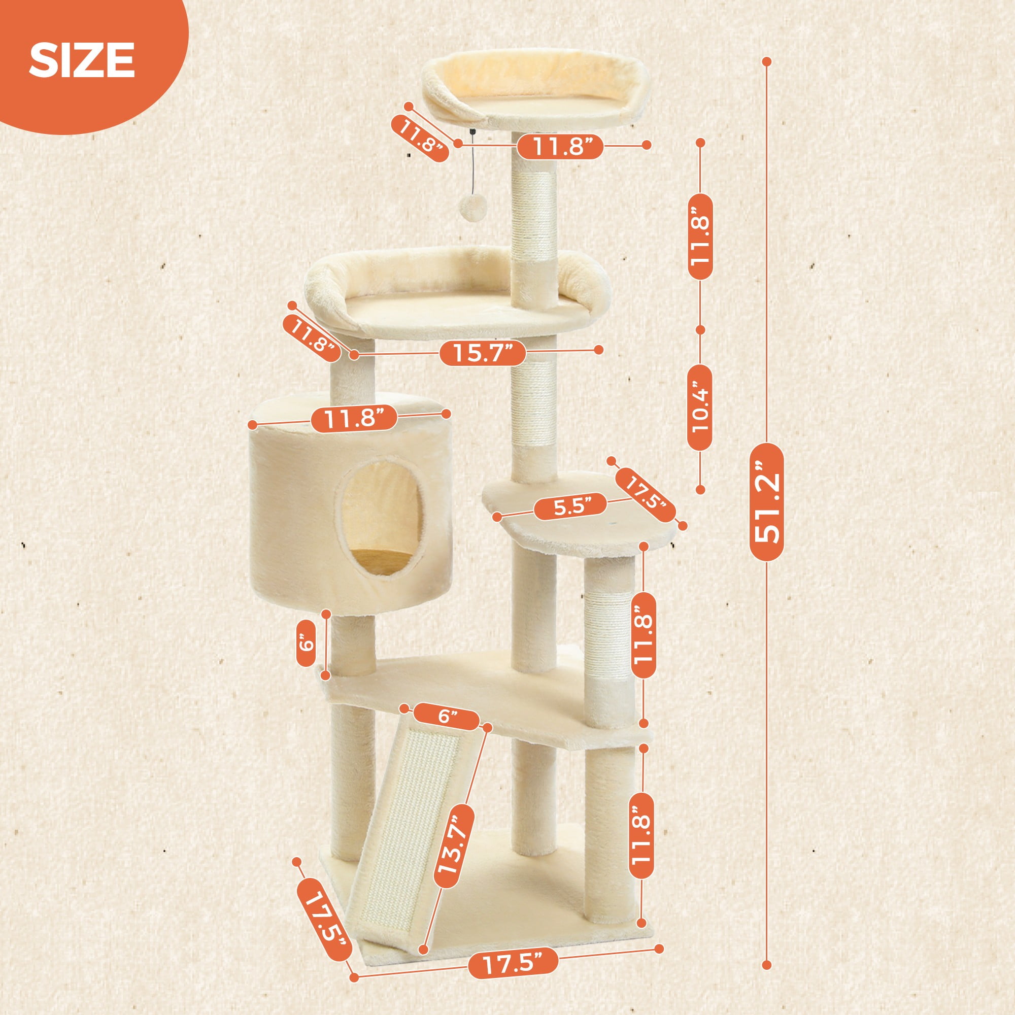 resenkos 51" Cat Tree Tower for Indoor Cats with Scratching Board, 2 Perches, Multi-Level Cat Condo Furniture for Small and Medium Kittens, Beige