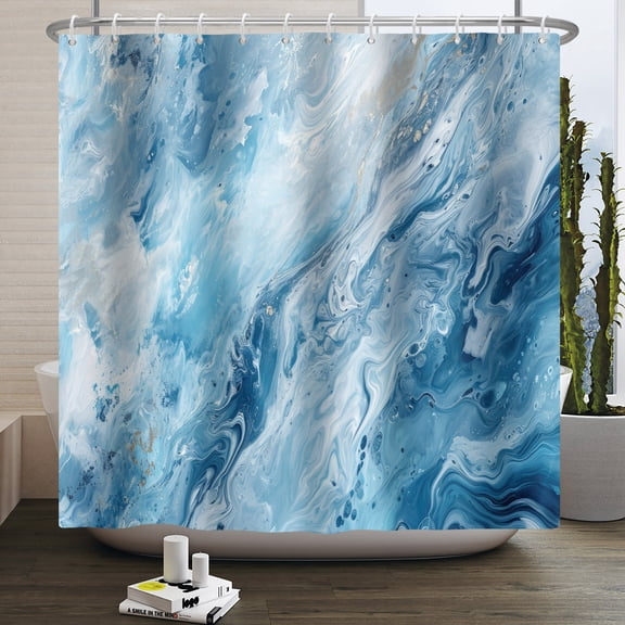 Pbobriich Light Blue Shower Curtain,Modern Aesthetic Ink Texture Bathroom Curtain with Hooks,72x72 Inch