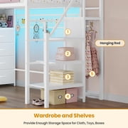 Twin Size Loft Bed with Stairs, 8 Storage Drawers, Power Outlet, LED Light, Metal Loft Bed with Wardrobe,Storage Stairs, Large Under-Bed Space, 13 Safety Guardrail,White