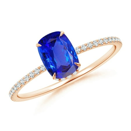 Cushion Cut Turquoise Ring December Birthstone Ring - Thin Shank Cushion Cut Tanzanite Ring With Diamond Accents in 14K Rose Gold (7x5mm Tanzanite) - SR1068TD-RG-AAA-7x5-6 ()