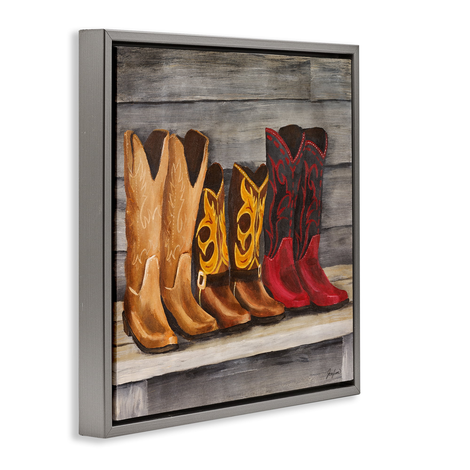 Stupell Industries Lined Up Cowboy Boots Entertainment Painting Gray Floater Framed Canvas Art Print Wall Art, 25 x 25