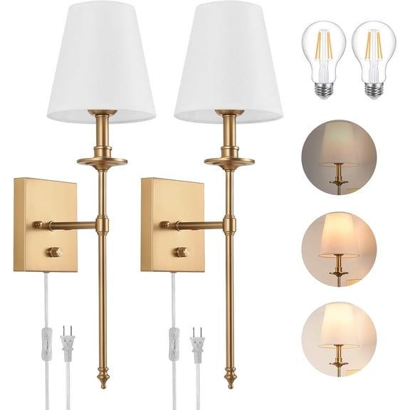 Dimmable Wall Sconces Set of Two, Plug in Wall Sconces White Fabric Shade, Wall Lamp for Bedroom, Living room, Plug in Wall Light Sconces Wall Decor Set of 2, LED Bulbs Included, Antique Brass