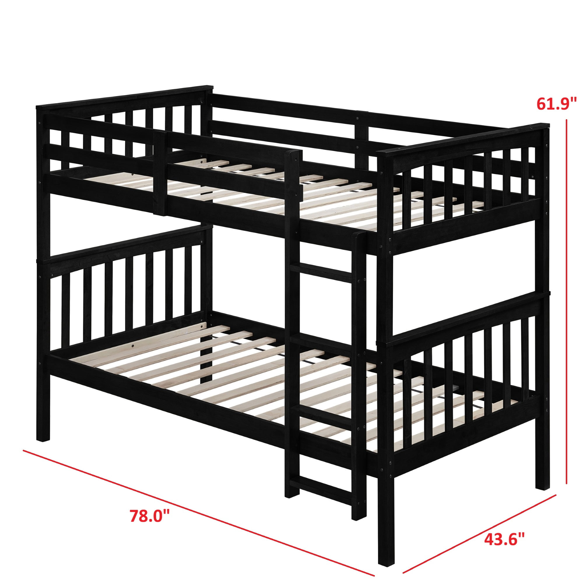 Home Design Ames Twin Over Twin Solid Wood Bunk Bed Frame, Convertible, Sturdy Guardrails, Black, Easy Assembly