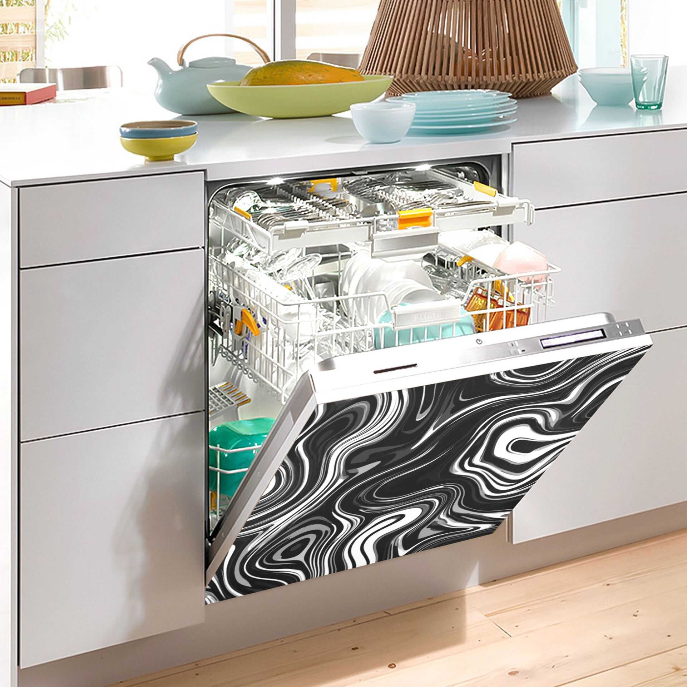 Dishwasher Magnetic Refrigerator Magnet Cover Sticker Home Decorative 23"x26" Matte Black Flowing Lines