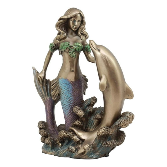 Ebros Art Nouveau Siren Mermaid with Bottlenose Dolphin Rising Over The Ocean Waves Figurine 7.5" Tall Fantasy Sea Life Water Bay Coastal Reef or Nautical Decor Statue in Painted Bronze Color Resin
