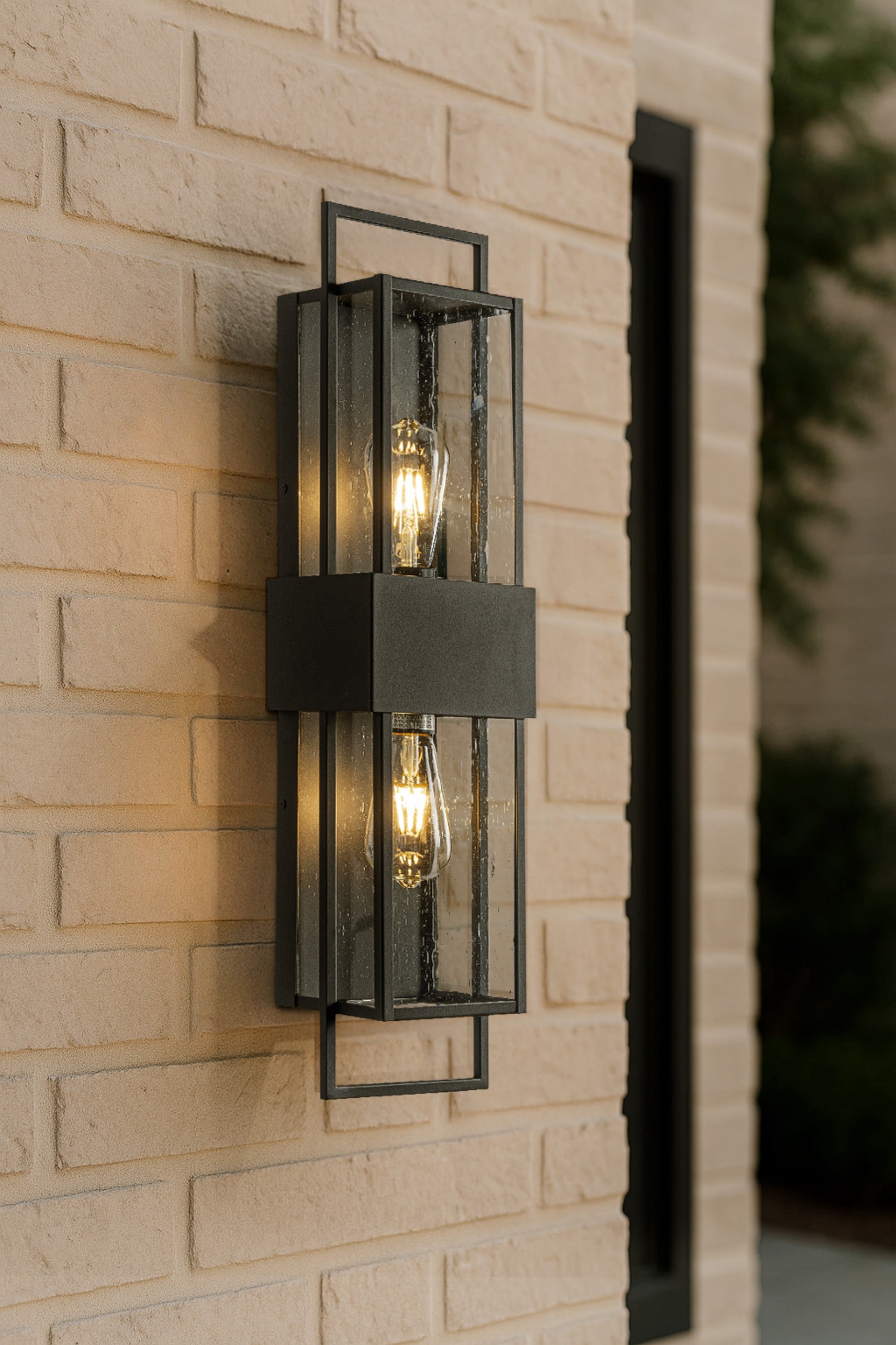 Modern Outdoor Wall Light with Dusk to Dawn Sensor H26'' Black Exterior Wall Lantern with Seeded Glass 2-Light Waterproof Sconce for Porch Garage Entryway Bulbs Not Included