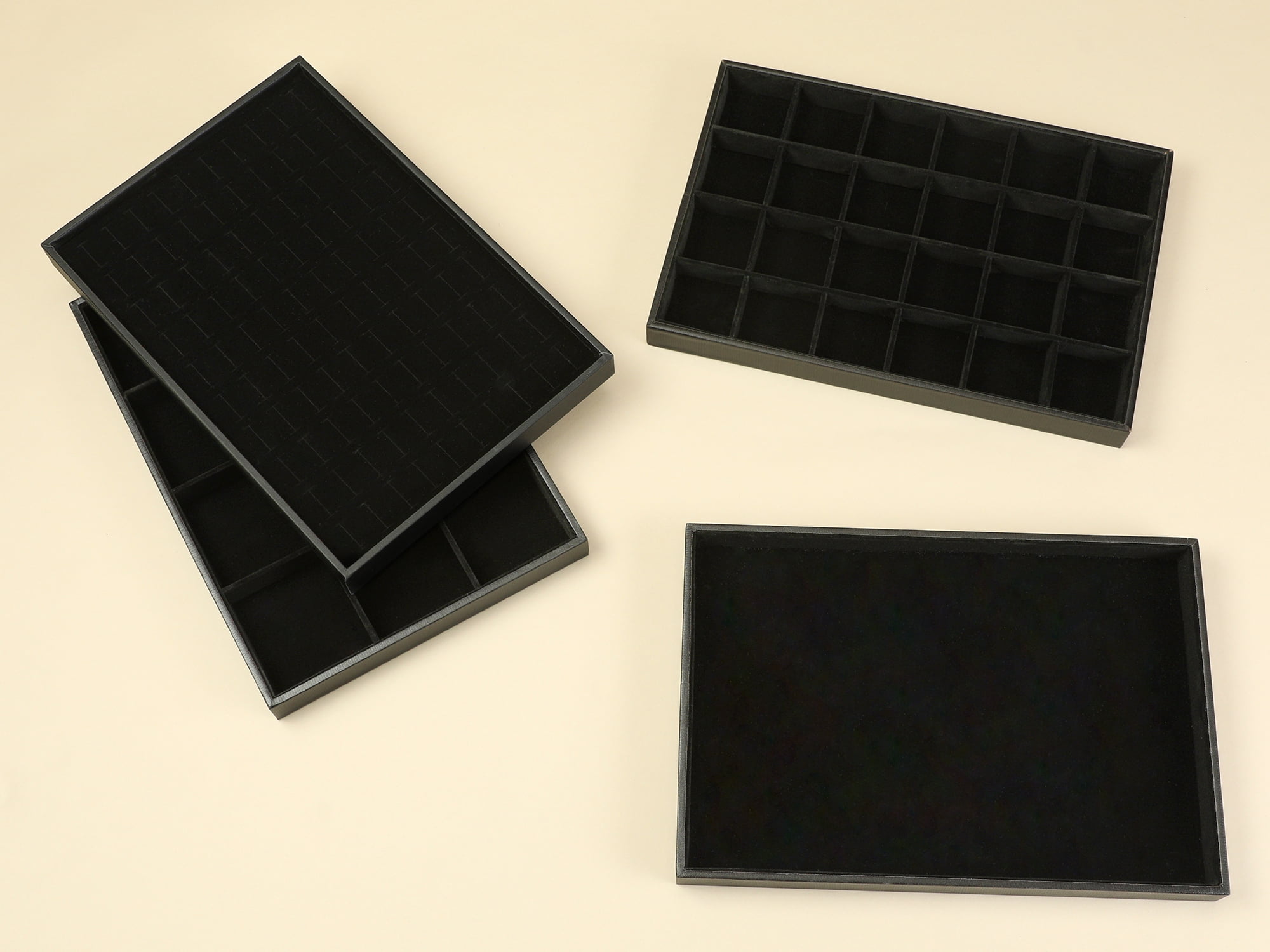 Unique Bargains Set of 2 Velvet Jewelry Boxes Organizer Trays with Removable Dividers Black 24 Grid Tray