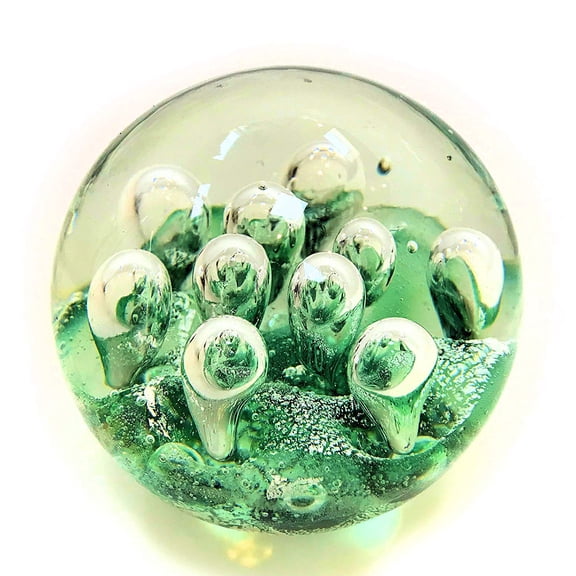 Emerald Green Dynamic Bubbles, Paperweight, Handcrafted Art Glass, 3 1/2 D x 3 1/2 H Inches