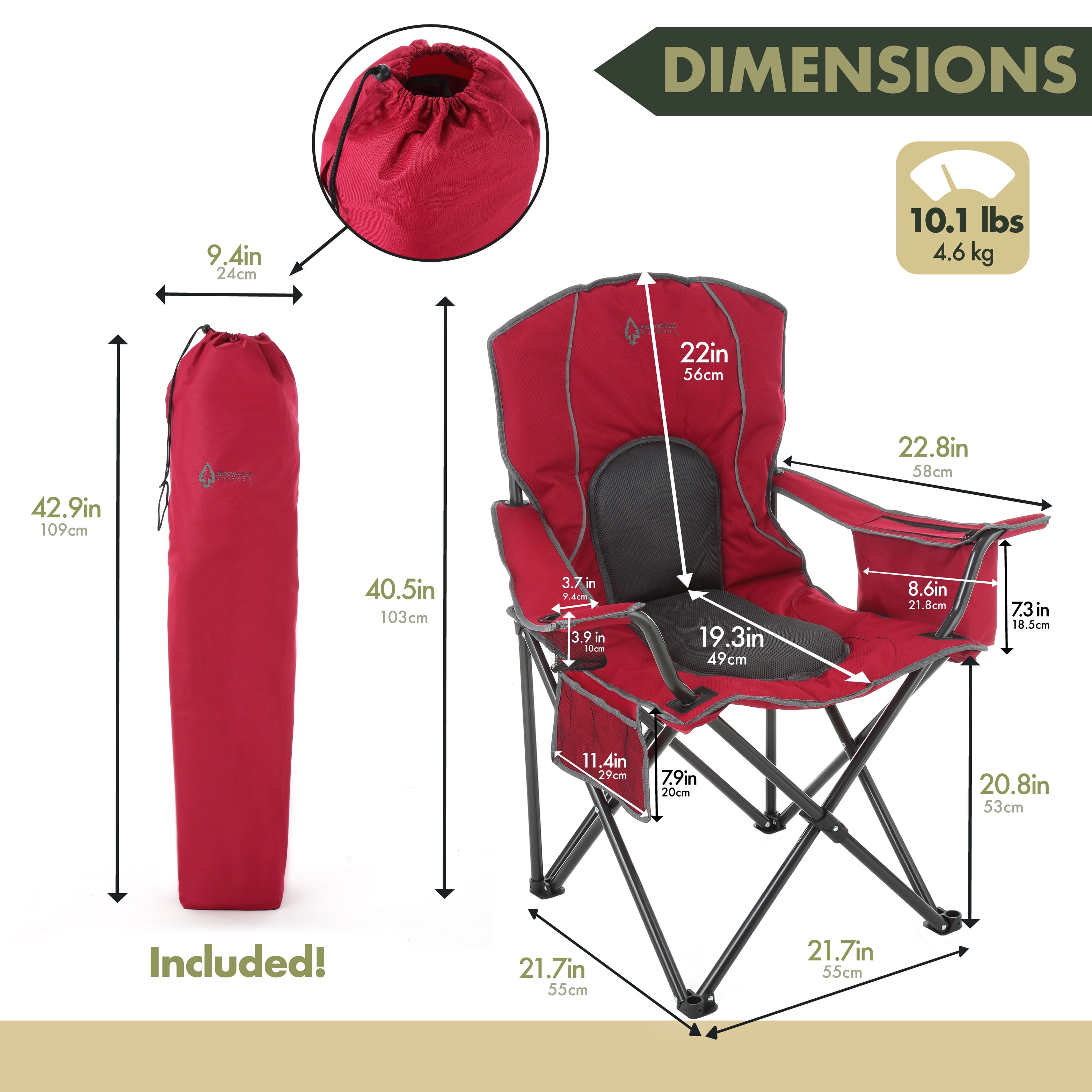 ARROWHEAD OUTDOOR Portable Folding Camping Quad Chair w/ 4-Can Cooler, Cup- Holder, Heavy-Duty Carrying Bag w/ Easy Carry Shoulder Strap, Padded  Armrests, Supports up to 330lbs, USA-Based Support (Tan) 
