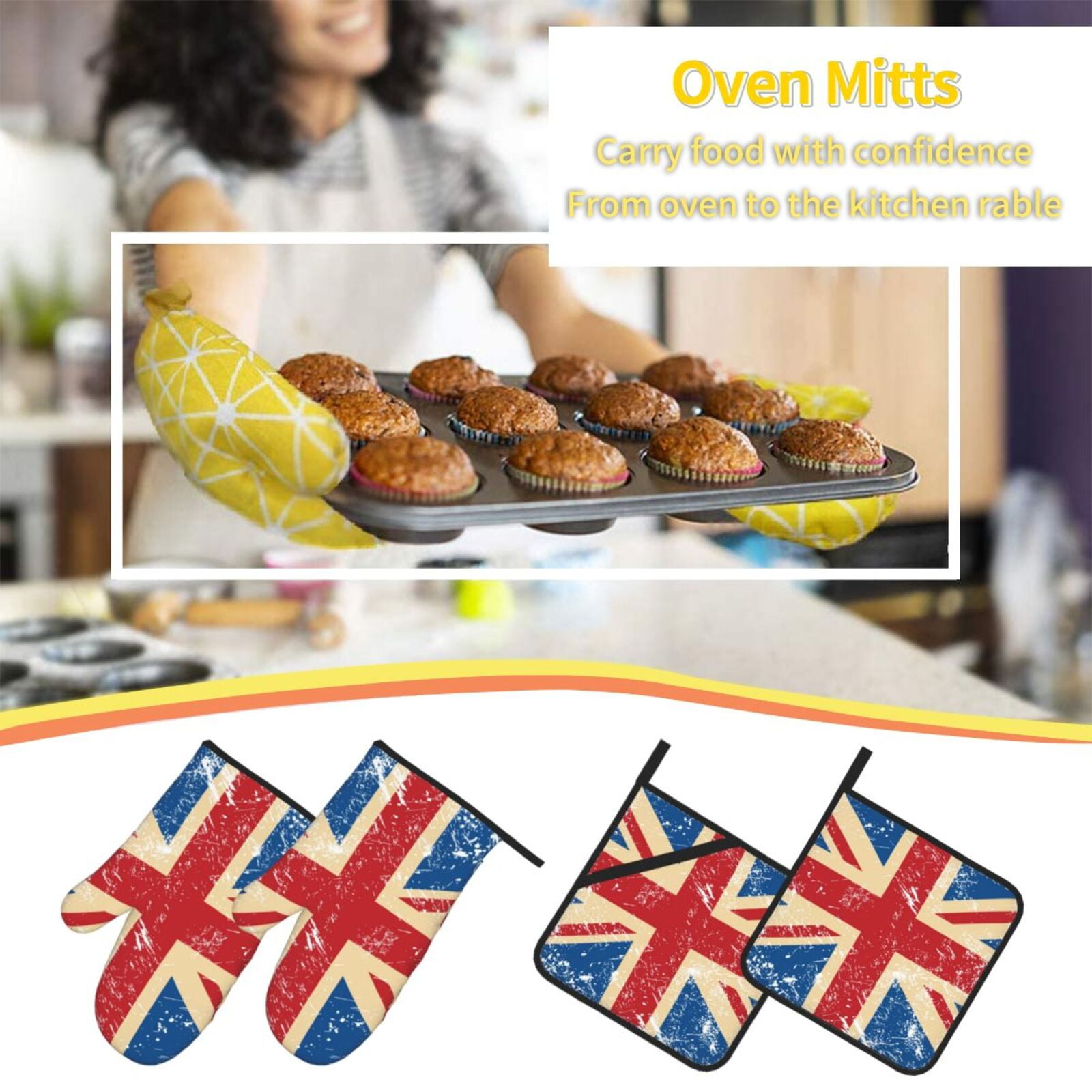 Union Jack Uk Flag Retro 4Pcs Oven Mitts and Pot Holders Sets Oven Kitchen Gloves Hot Pads for Cooking BBQ Baking Grilling