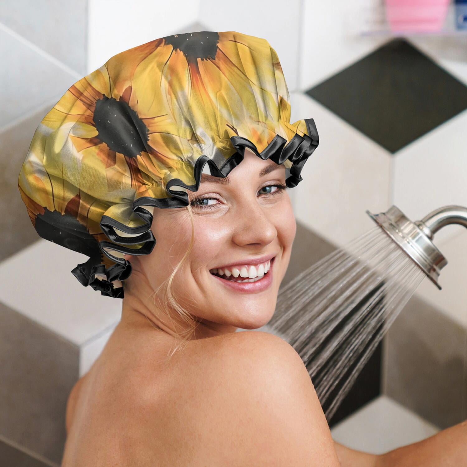 Shower Caps,White Sunflower Pattern Waterproof Shower Cap for Women 4 Pieces,Double Reusable Hair Cover for Shower PEVA Elastic Stretch Hem