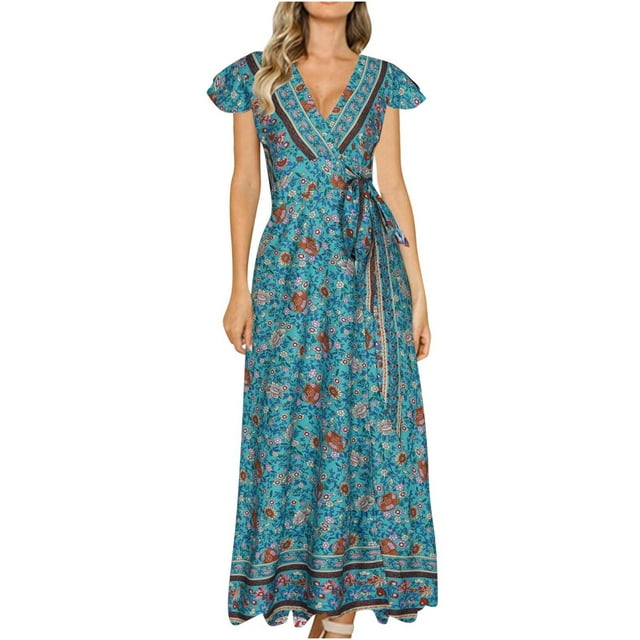 Hyknon Dresses for Women Mode Décontractée Imprimée Boho Manches Volantes Robe à Lacets Col en V Décontractée Douce Fluide Ample Robes
