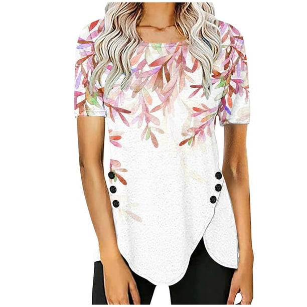 Blusas de Manga Corta para las Mujeres Botón Impreso Cuello Redondo Top Casual, Blusas para las Mujeres Casual