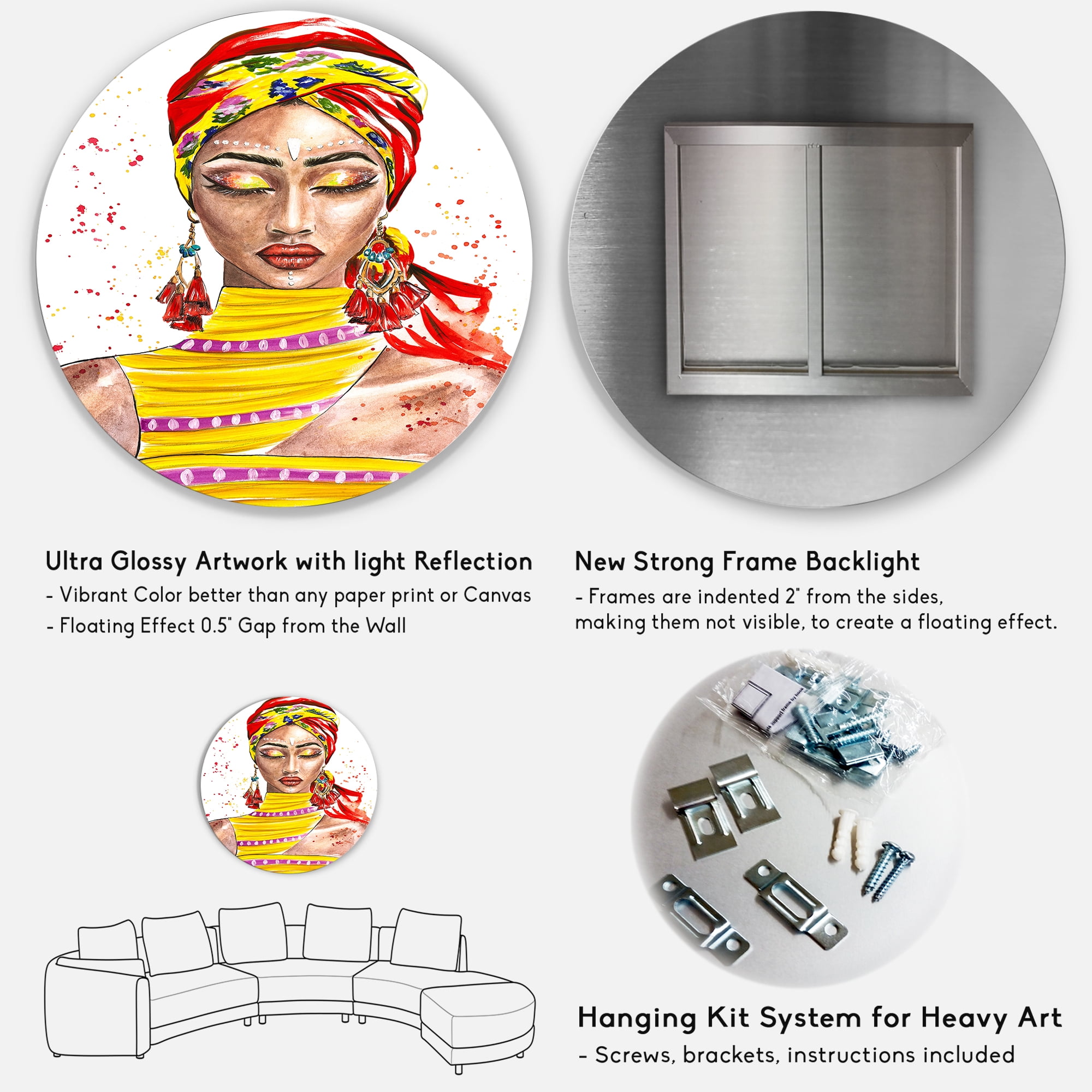 Designart 'Exotic Colorful Portrait of Afro American Woman' Traditional Circle Metal Wall Art 23x23 - Disc of 23