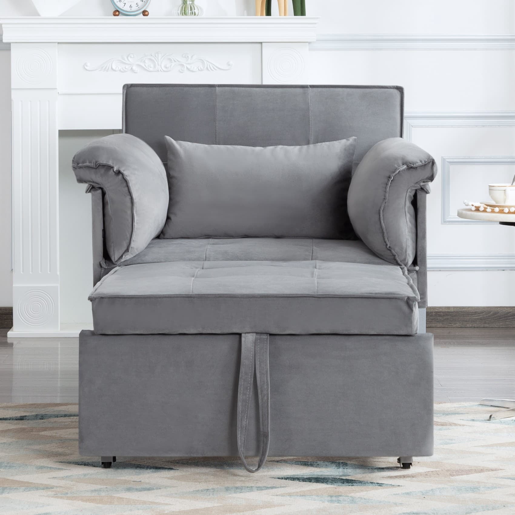 BSHTI 34.3" Convertible Fold Out Sleeper Chair, Sturdy Metal Frame, Velvet Upholstery, 3 Adjustable Angles Reclining Function Sofa Bed, Easy Assembly (Gray)