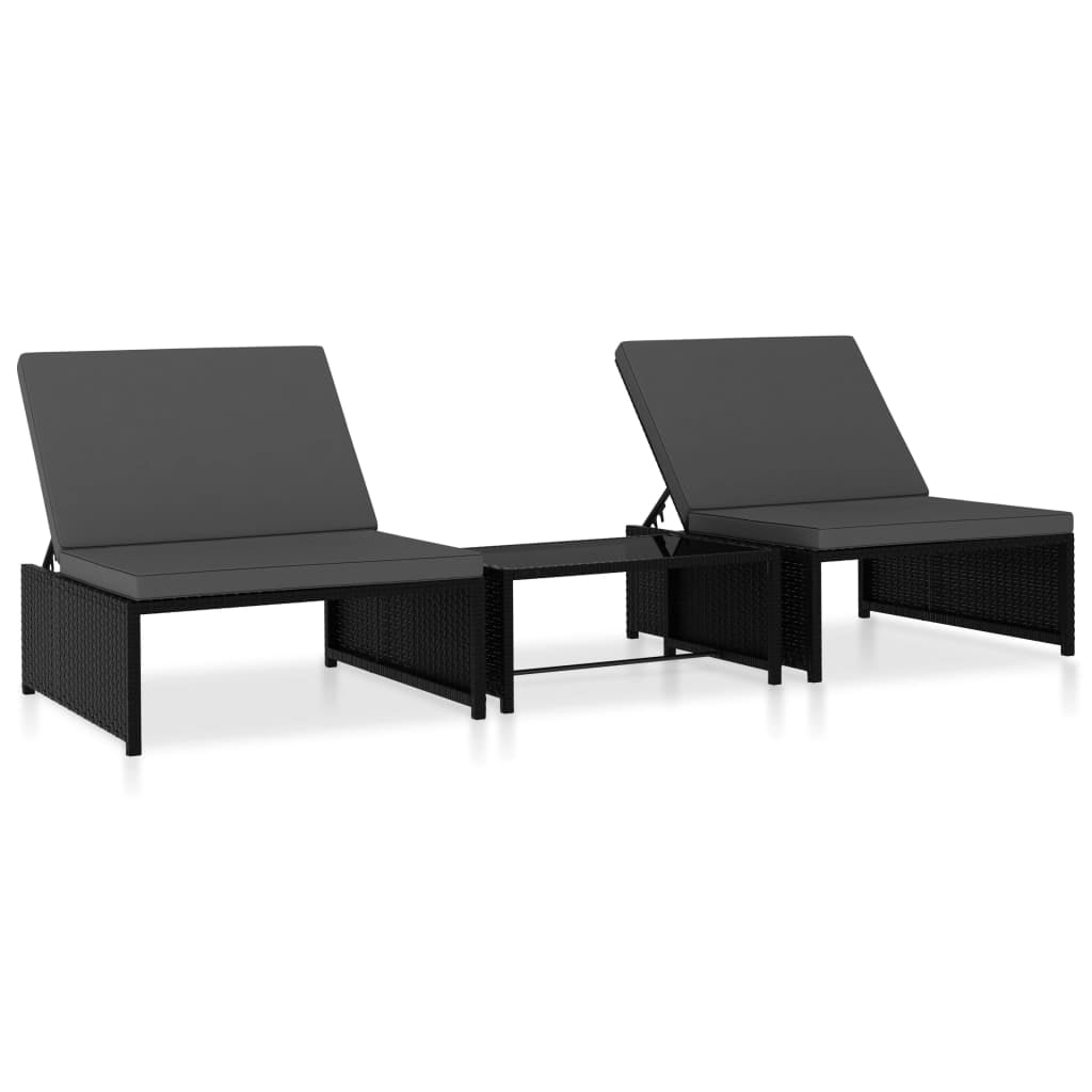 2Pcs Sun Loungers with Table, Rattan Chaise for Patio Yard, Black 2Pcs Sun Loungers with Table, Rattan Chaise for Patio Yard, Black