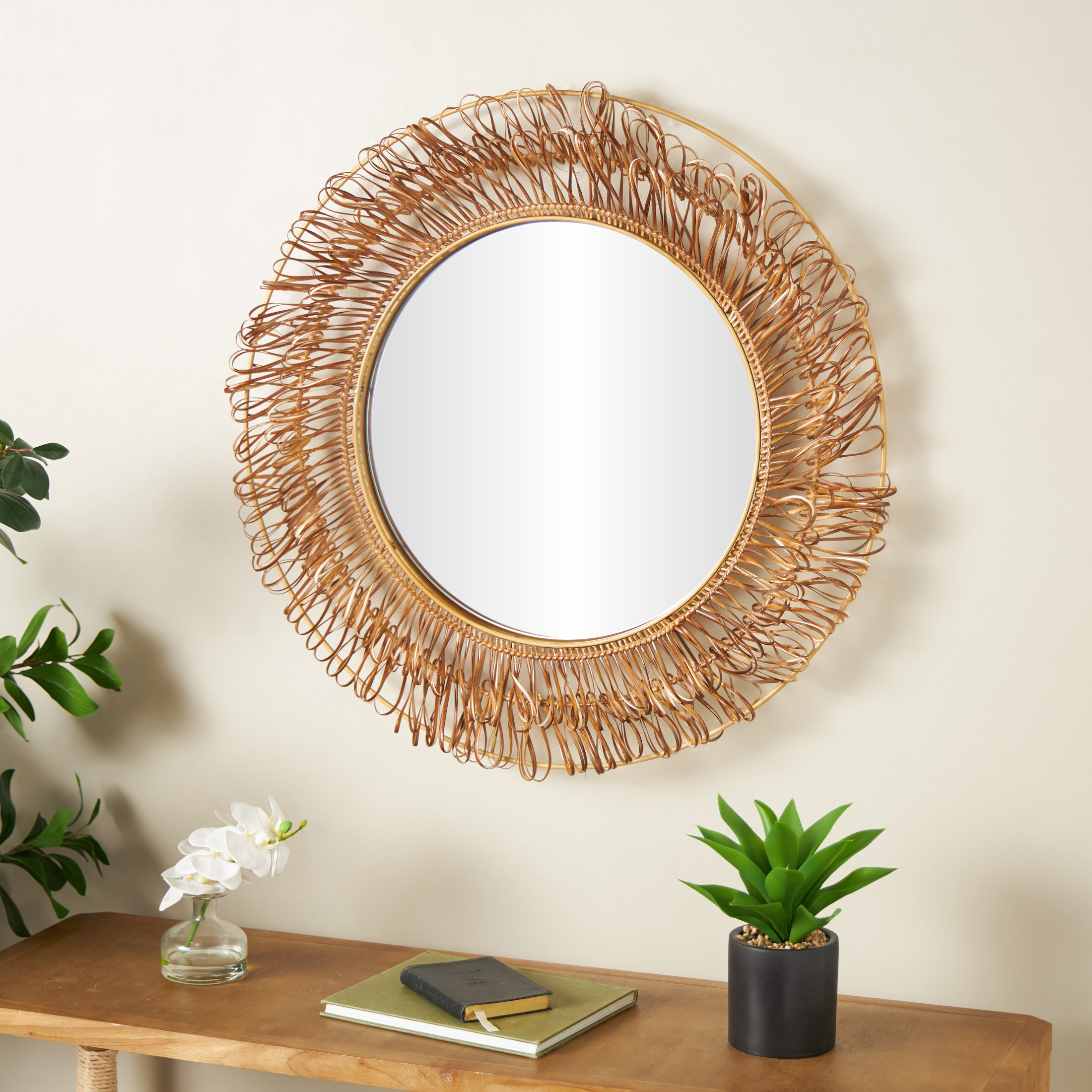 DecMode 31" x 31" Brown Handmade Woven Looped Tribal Wall Mirror