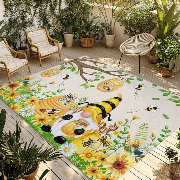 Yellow Daisy Gnomes Outdoor Rug for Patio/Deck/Porch, Non-Slip Large Area Rug 5 x 7 Ft, Pastoral Bees Floral Botanical Beige Indoor Outdoor Rugs Washable Area Rugs, Camping Rug Carpet Runner