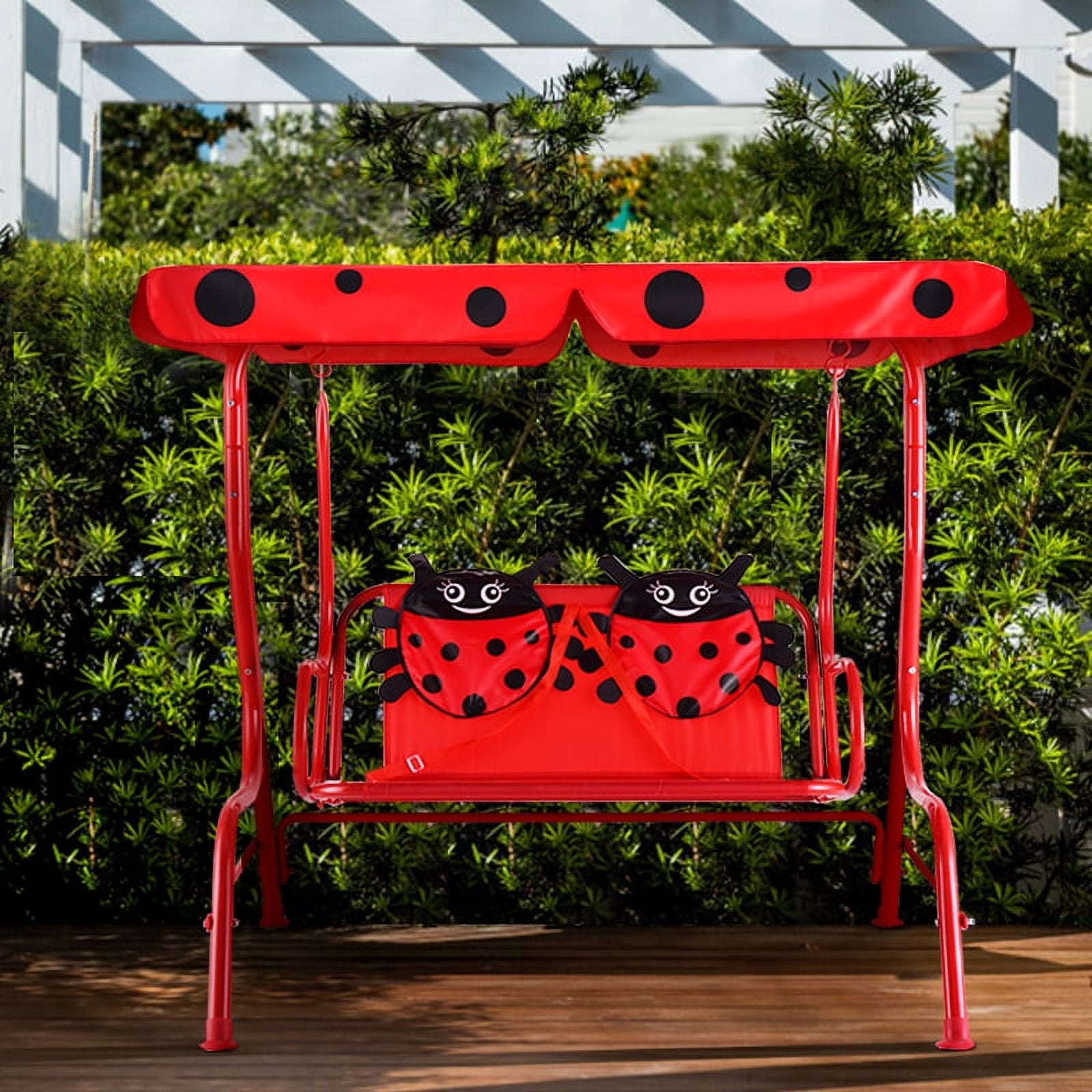 Gymax Red Kids Patio Porch Bench Swing w/ Safety Belt Canopy Outdoor Furniture