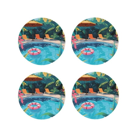 

Fuzoiu Tropical Poolside Relaxation Print Leather Coasters Set Drink Coasters Set of 4 for Tabletop Protection Durable PVC Coasters Home Décor and Housewarming Gift-Round Shape