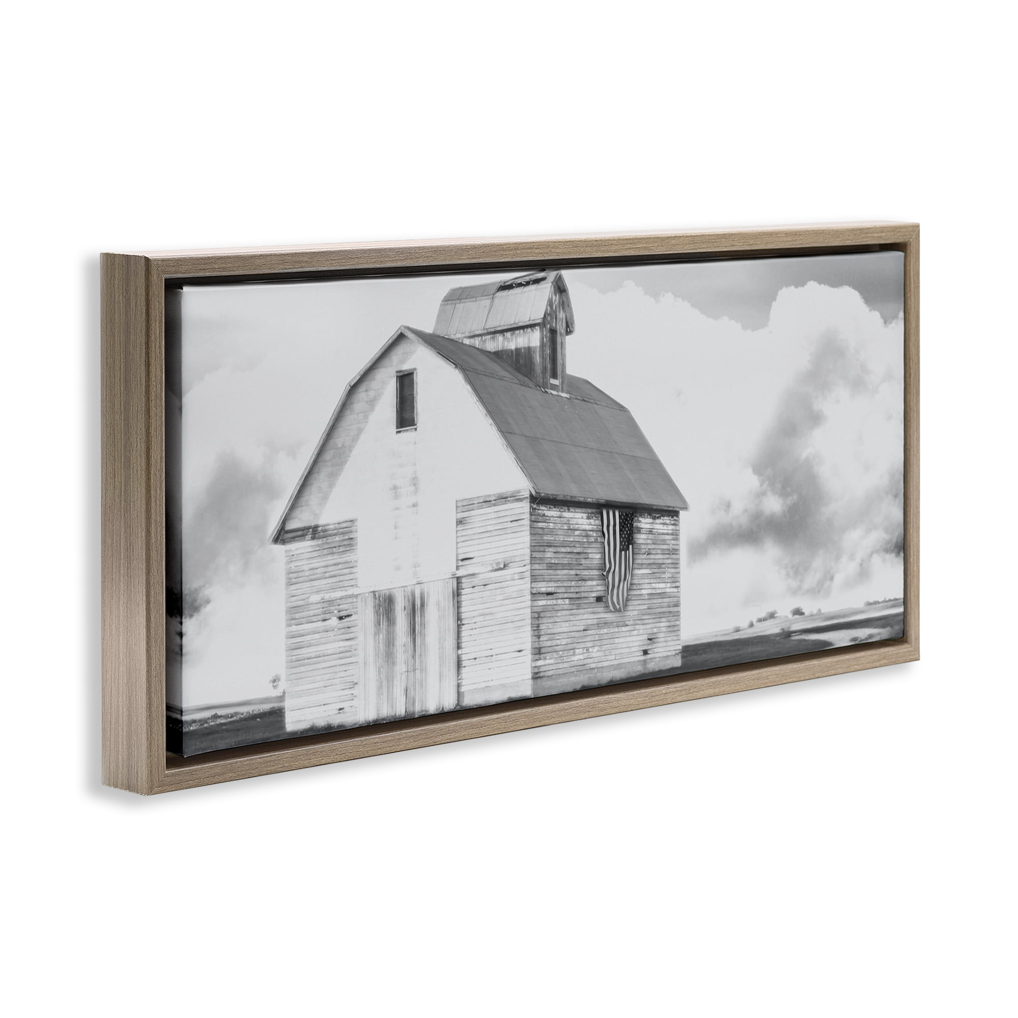 Stupell Industries USA Flag on Barn Patriotic Painting Brown Floater Framed Canvas Art Print Wall Art, 31 x 14