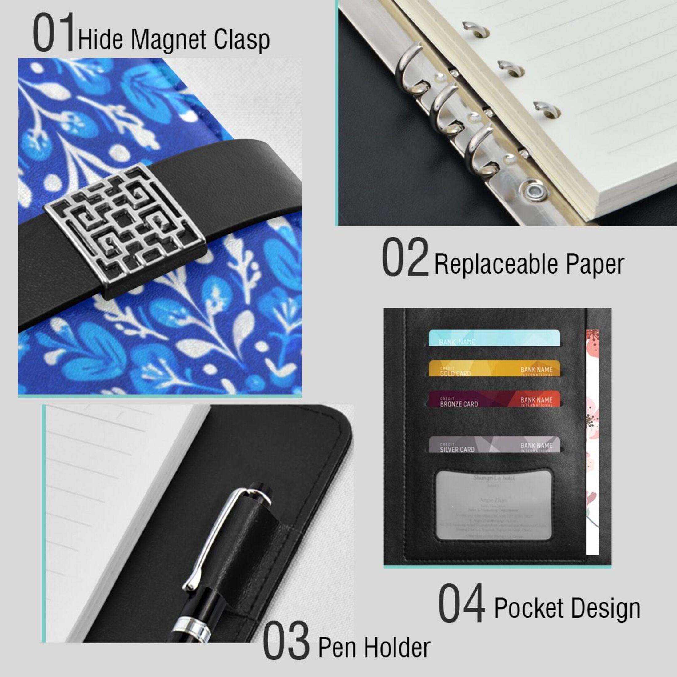 Leather Planner Leather Notebook Notebook Journal Binder Design Pen Pocket Design Convenient for Storage Blue Beautiful