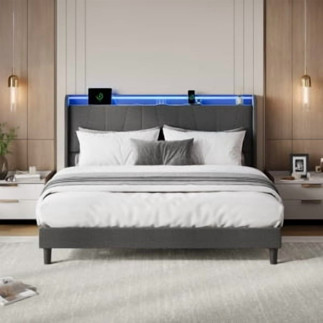 Metal Bed Frame with LED Lights and Charging Station, Fabric Platform Bed Frame with Upholstered Headboard and Storage Shelves, No Box Spring Needed Bedframe, Noise Free, Easy Assembly, Gray

