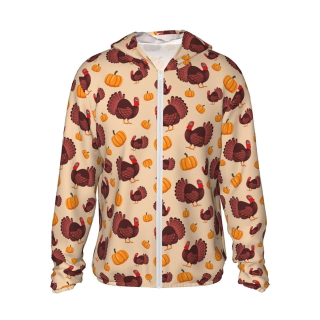 Fotbe Thanksgiving Turkey and Pumpkin Chaqueta con Protección Solar UPF 50+ para Hombre y Mujer, Camisa con Capucha y Bolsillos-Small