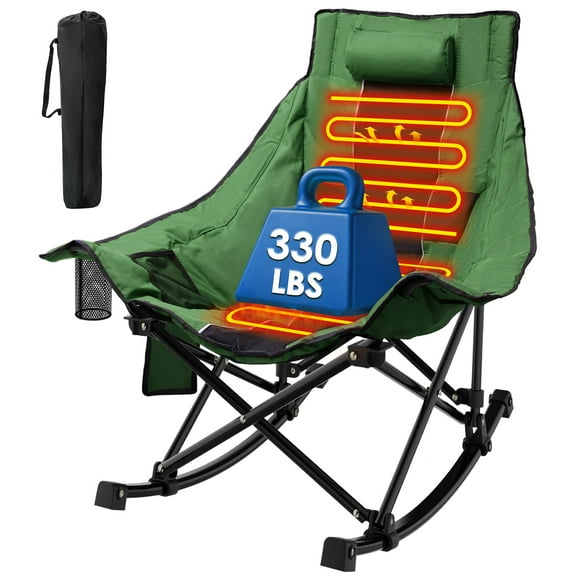 ZENPETIO Heated Camping Chair, Oversized Outdoor Rocking Chair with 3 Heat Levels, Portable Folding Heated Chair for Camp, Lawn, Sports, Winter Use (Battery NOT Included)