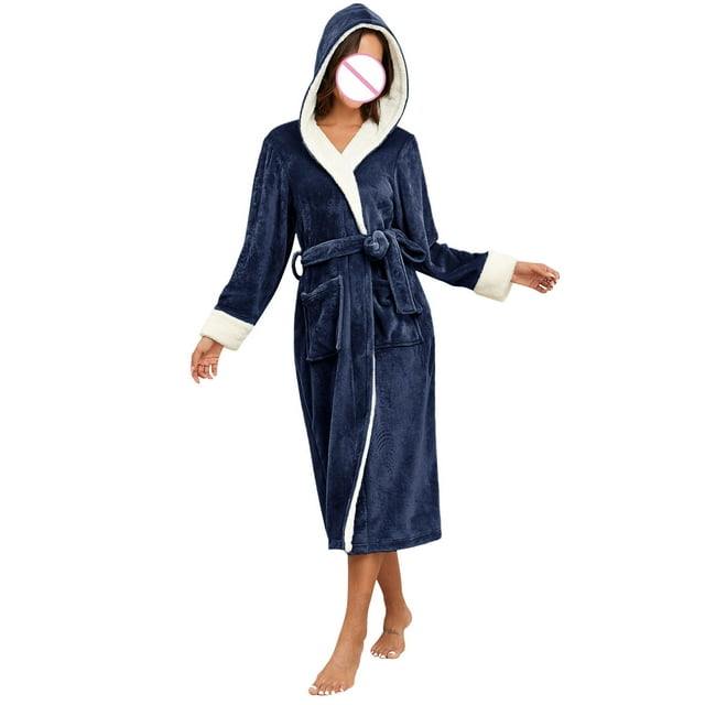 Meichang Plush Robes for Women Hooded Long Bathrobe Fleece Lounge Robe Winter Thick Warm Sleepwear Cozy Pockets Spa Robe with Belt