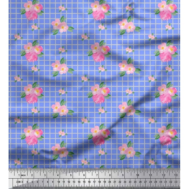 Soimoi Tissu Crêpe polyester Bleu Fleurs Roses & Carreaux Décor Tissu Imprimé BTY 52 Pouces de Large