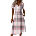 thumbnail image 5 of Laqbezok Plaid Short Sleeve Midi Dress, Elegant Ruched High Waist Slimming Check Dress, Casual V-Neck A-Line Flare Fashion Outfit, Classic Tartan Sun Dress, 5 of 6