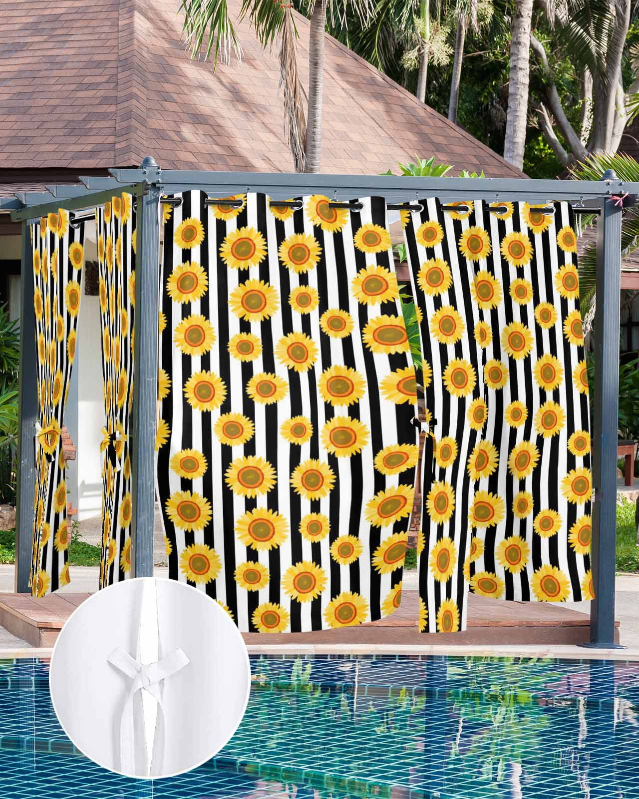 Yellow Sunflower Outdoor Curtains for Patio, Black White Stripe Farmhouse Privacy Drapes Grommet Waterproof Outside Curtains for Porch/Cabana/Balcony 54"x 108", 1 Panel