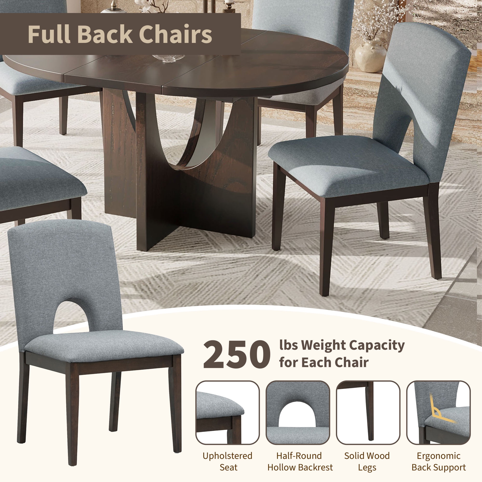 Harper & Bright Designs 5 Pieces Extendable Round Dining Table Set for 4, Modern Kitchen Dining Table with Removable Leaf and 4 Upholstered Chairs for Dining Room, Espresso+Gray