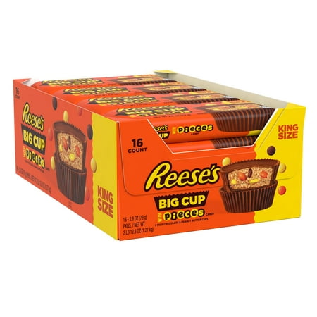 Reese's, STUFFED with PIECES Big Cup Milk Chocolate Peanut Butter Cups Candy, Bulk Individually Wrapped, 2.8 oz, King Size Packs (16 Ct)