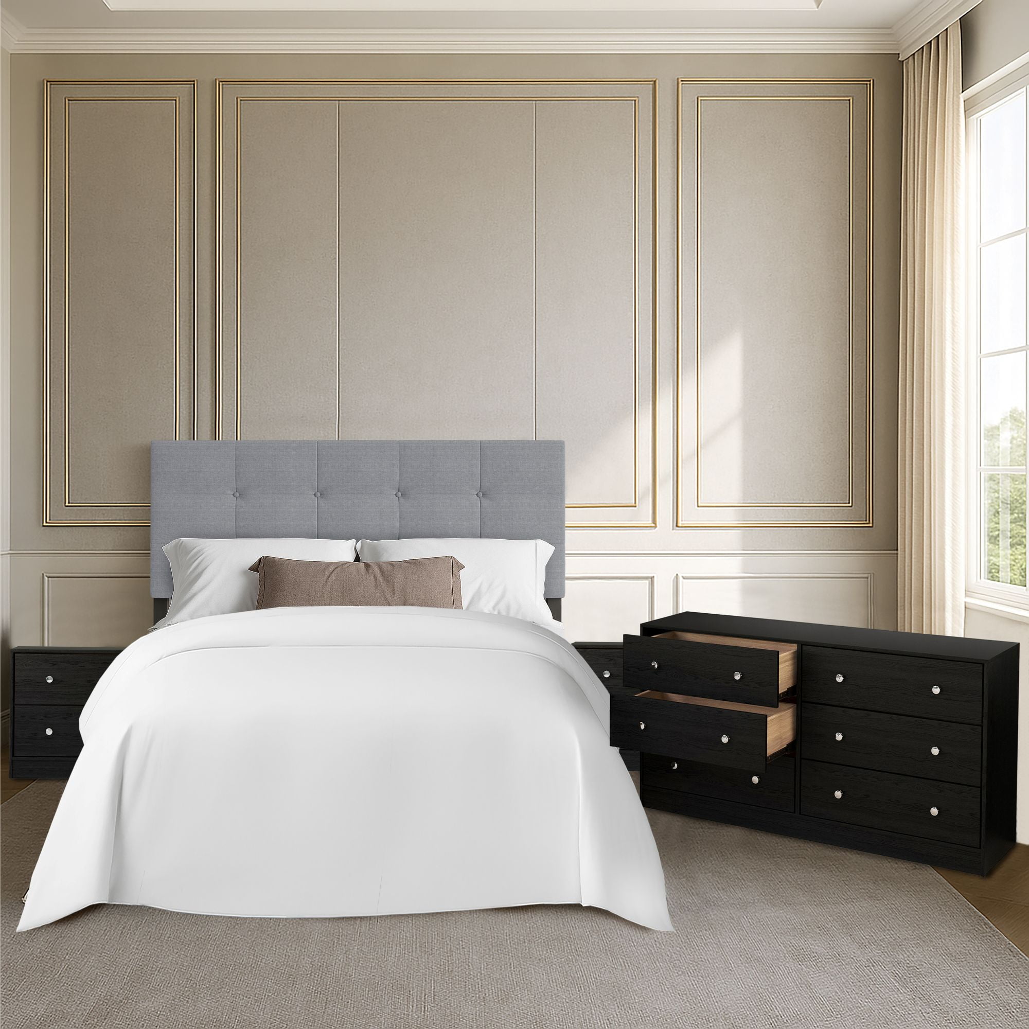 Home Design Gina Upholstered Headboard with Altoona Dresser and 2 Nightstands; Bedroom Set
