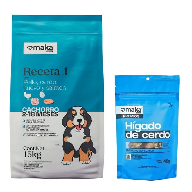 Alimento Maka Receta 1 Cachorro 15 Kg + Premios Para Perro Maka Higado de Cerdo De 40 g