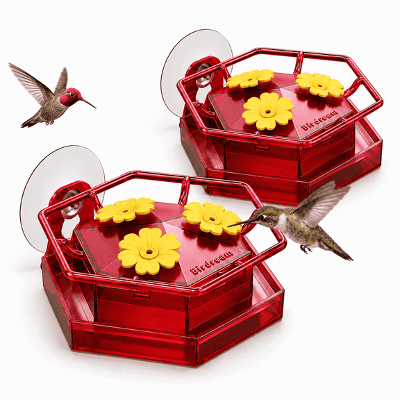 Birdream Red Window Hummingbird Nectar Feeder with Strong Suction Cup and Ant Moat, 360 Perch, 4.5 oz, 2 Pack