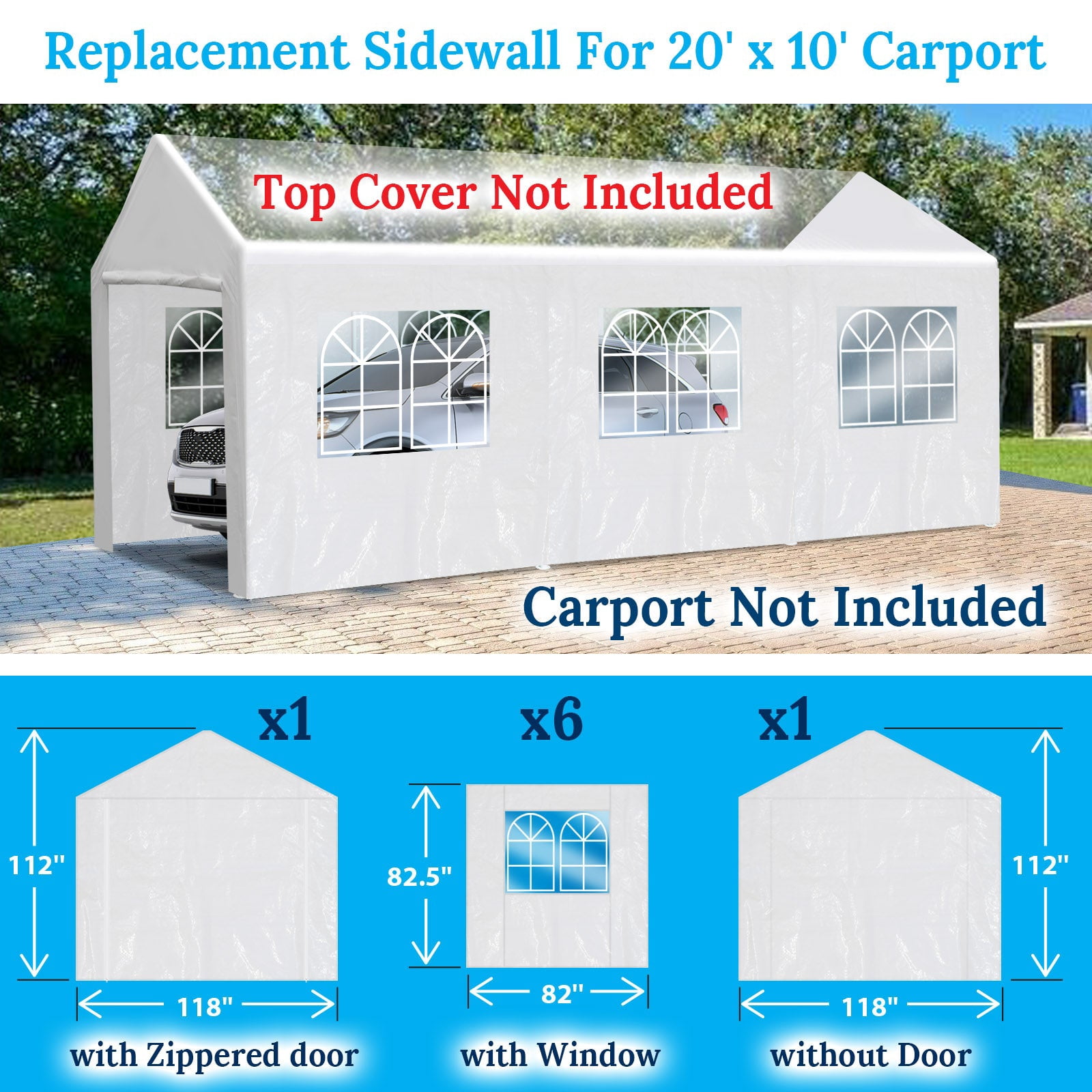 Replacement Carport Sidewall for 10x20 Tent Garage, Replacement Kit Enclosed Panels (Side Wall Only)