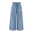 thumbnail image 7 of CQONEPT Smocked Waist Pants for Women Wide Leg Fall Casual Lounge Pant High Waisted Palazzo Ruffle Full Length Soft Trousers with Pocket Light Blue 2XL, 7 of 7