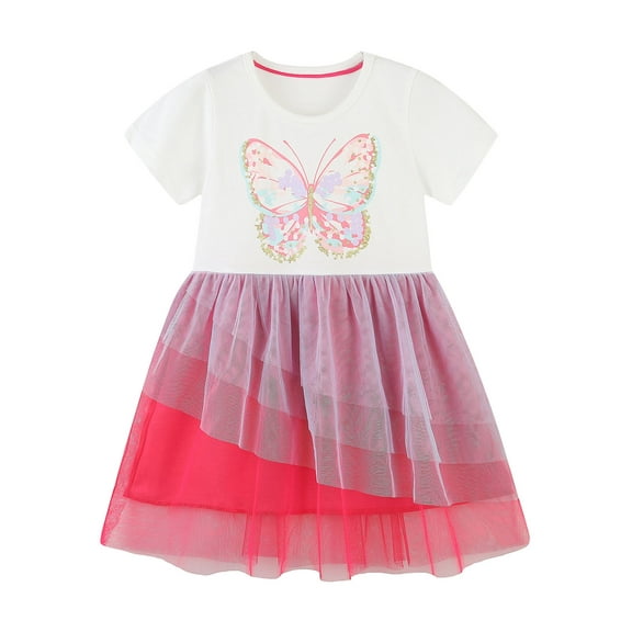 Diliba Toddler Girls Cotton Casual Dresses Cartoon Print Short Sleeve Dresses for Kids 1-7 Year