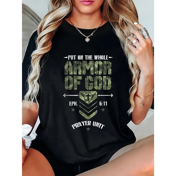 Meaningful Faith - Based Patterned Tee,Boasts "PUT ON THE WHOLE ARMOR OF GOD" Text Design, Round Neck Regular Fit T - shirts, Size(S - 5XL)
